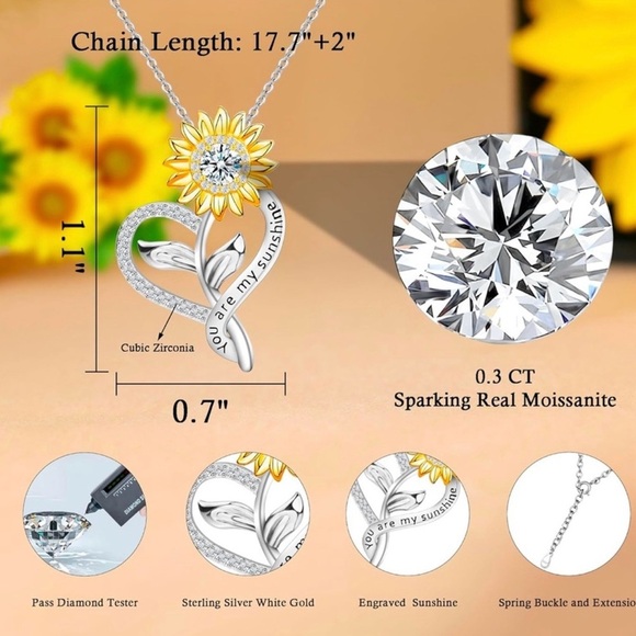 🌻TRINCKLE🌻0.3 CT GRA Moissanite”You Are My Sunshine” Sunflower Necklace/NWT - Picture 16 of 16